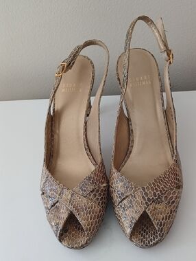 Stuart Weitzman Taupe Snake-Print Slingback Mules